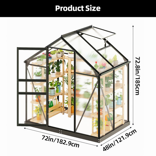 Tomnk woo 6x4 FT Polycarbonate Greenhouse with Roof Vent, Walk-in Aluminum Frame Winter Greenhouse for Outdoor Garden