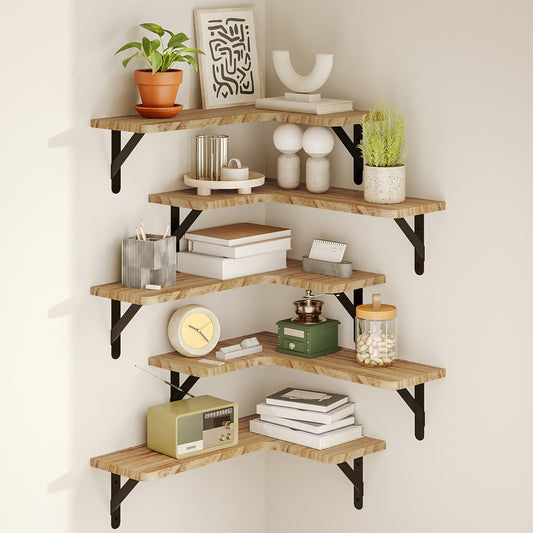 Tomnk Corner Floating Shelves, Set of 5 Rustic Wood Wall Shelves, Carbonized Black