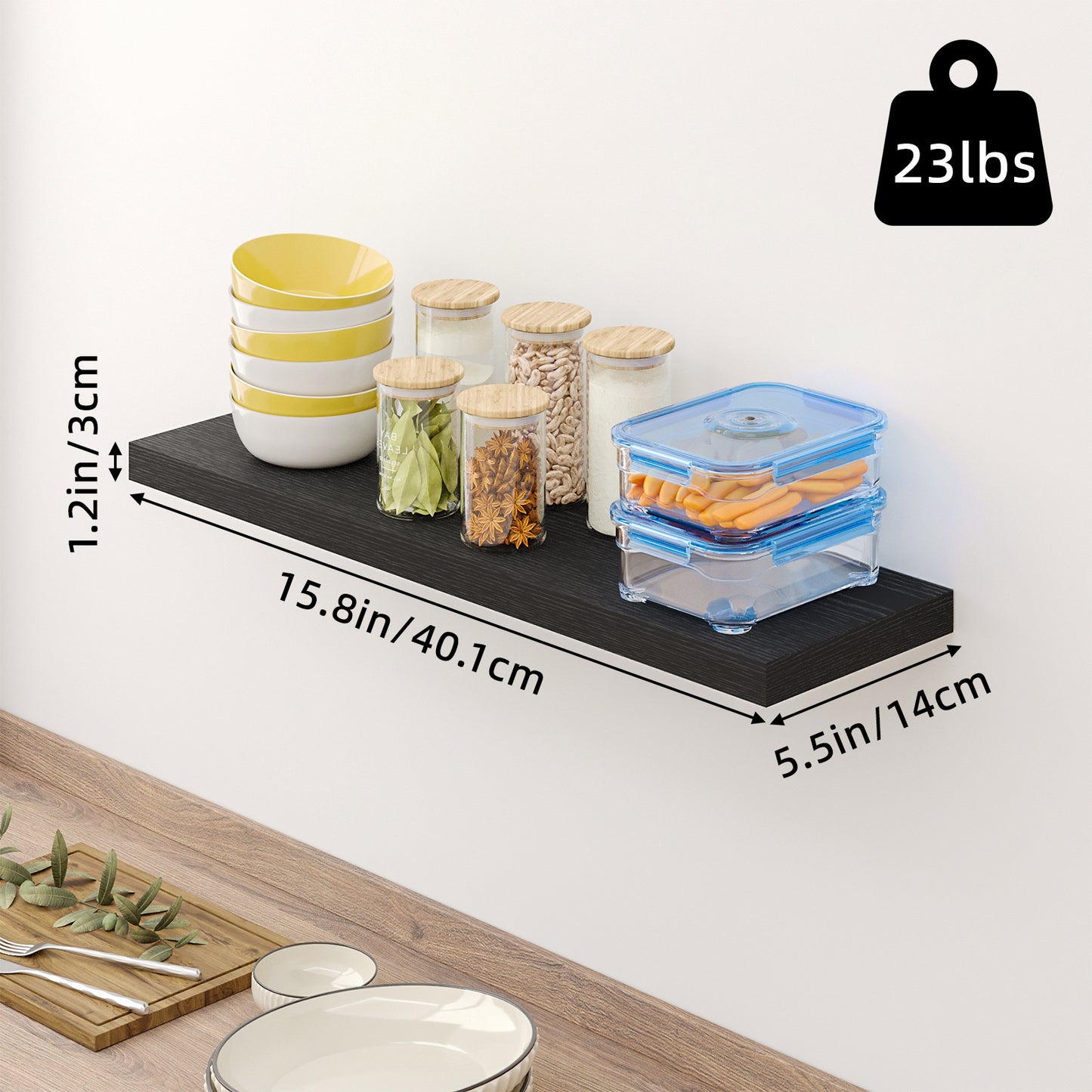 Tomnk 15.8" Floating Wall Shelves, Black Wall Shelf Set of 4, Modern Decorative Shelves with Hidden Brackets for Bedroom, Bathroom, Living Room