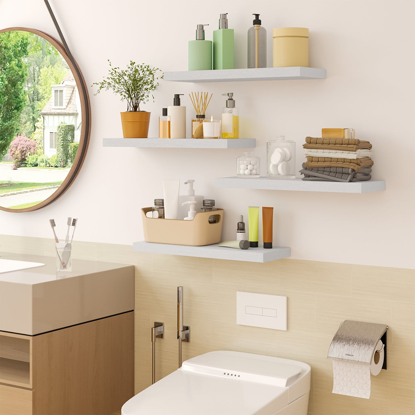 Tomnk 15.8" Floating Wall Shelves, White Wall Shelf Set of 4, Decorative Storage Shelves with Hidden Brackets for Bathroom, Bedroom, Kitchen