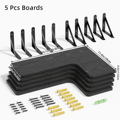 Tomnk Corner Floating Shelves, Set of 5 Rustic Wood Wall Shelves, Black