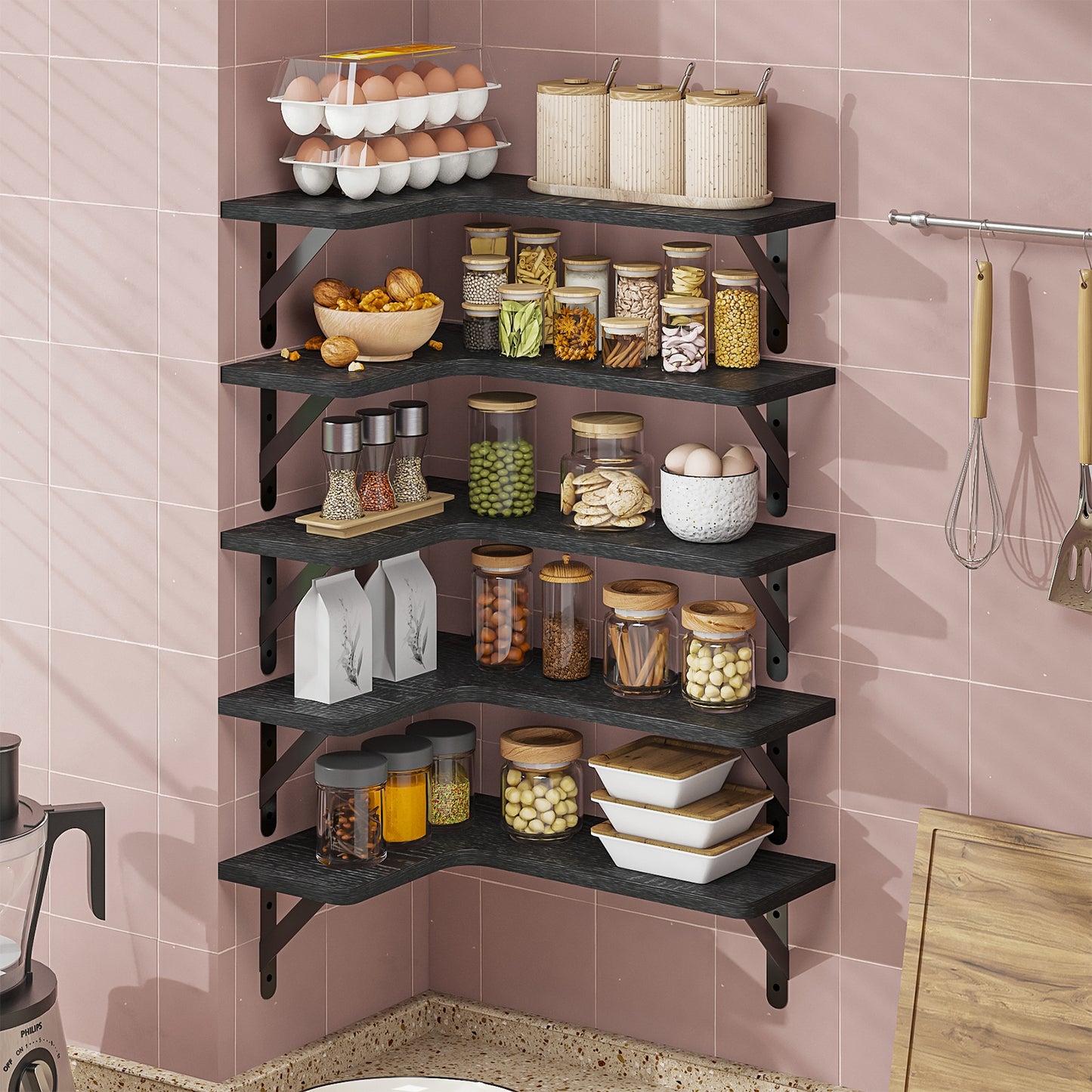 Tomnk Corner Floating Shelves, Set of 5 Rustic Wood Wall Shelves, Black