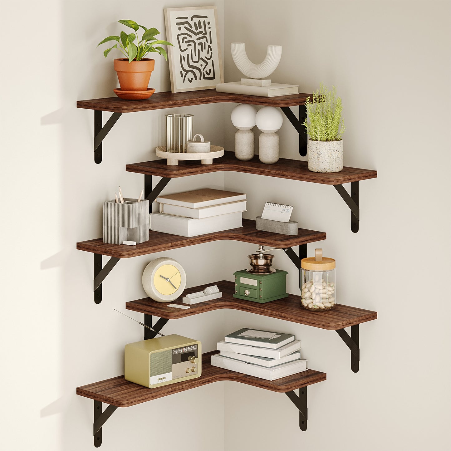 Tomnk Corner Floating Shelves, Set of 5 Rustic Wood Wall Shelves, Dark Carbonized Black