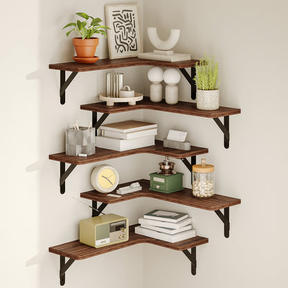 Tomnk Corner Floating Shelves, Set of 5 Rustic Wood Wall Shelves, Dark Carbonized Black