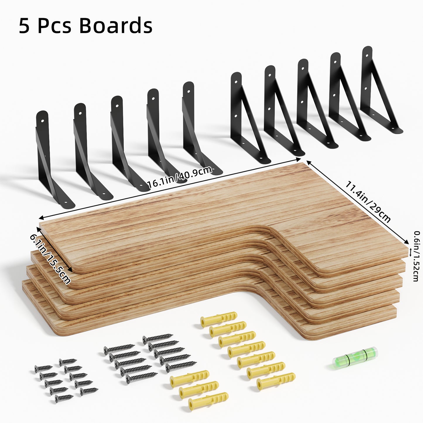 Tomnk Corner Floating Shelves, Set of 5 Rustic Wood Wall Shelves, Carbonized Black