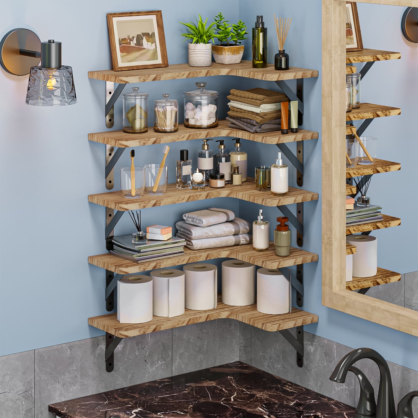 Tomnk Corner Floating Shelves, Set of 5 Rustic Wood Wall Shelves, Carbonized Black