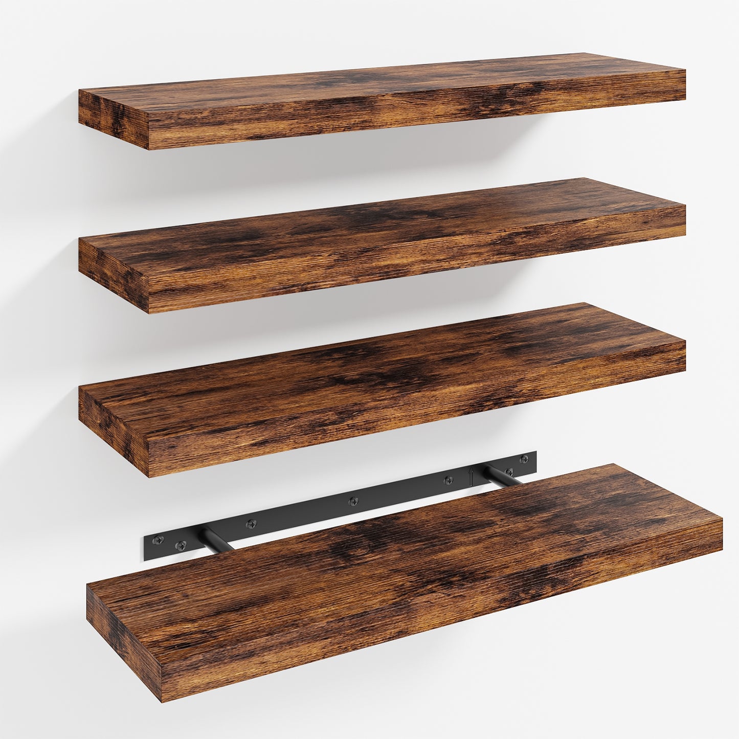 Tomnk 15.8" Floating Wall Shelves, Rustic Brown Wood Wall Shelf Set of 4, Invisible Brackets for Bathroom, Bedroom, Living Room, Kitchen