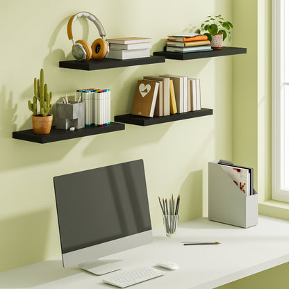 Tomnk 15.8" Floating Wall Shelves, Black Wall Shelf Set of 4, Modern Decorative Shelves with Hidden Brackets for Bedroom, Bathroom, Living Room