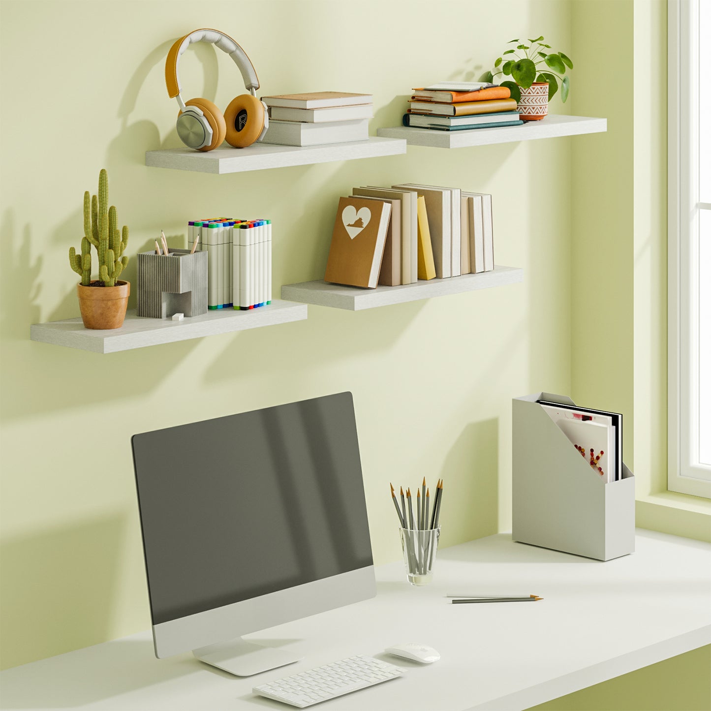 Tomnk 15.8" Floating Wall Shelves, White Wall Shelf Set of 4, Decorative Storage Shelves with Hidden Brackets for Bathroom, Bedroom, Kitchen