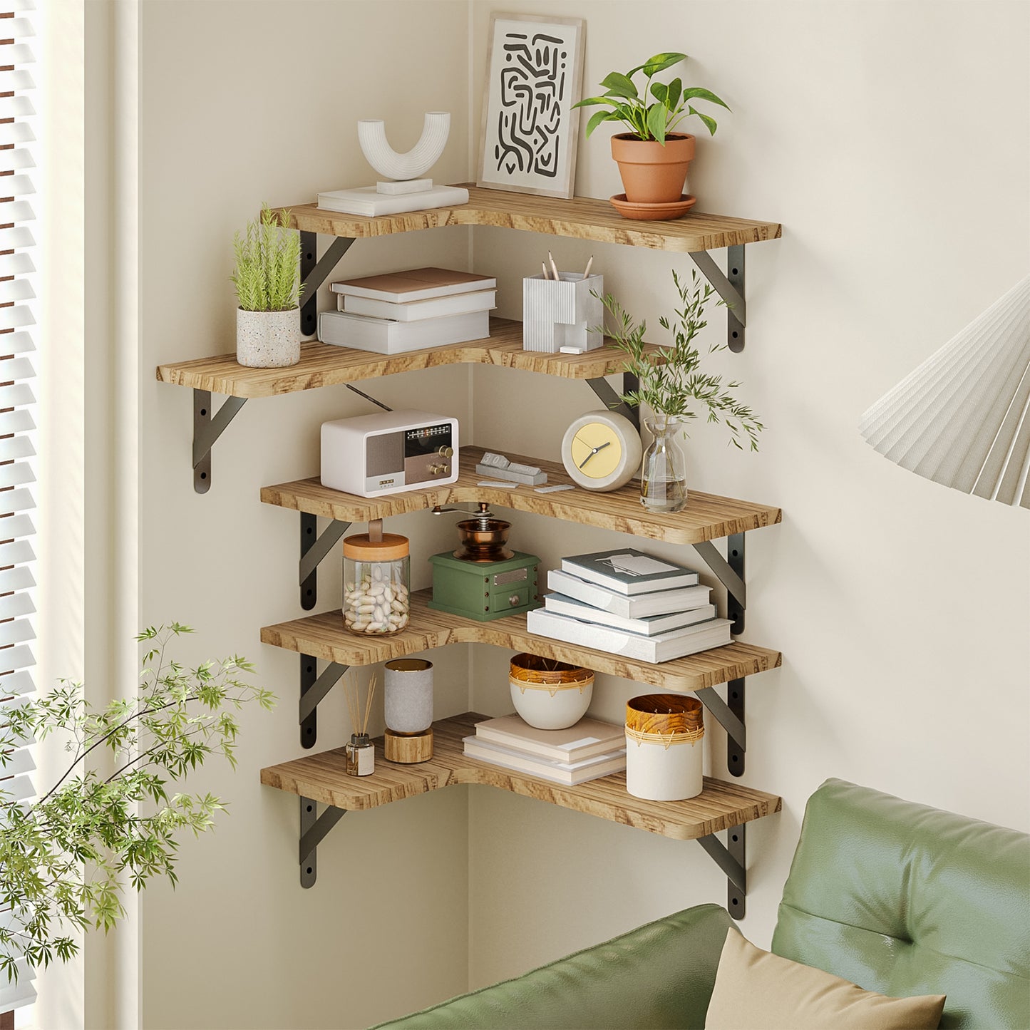 Tomnk Corner Floating Shelves, Set of 5 Rustic Wood Wall Shelves, Carbonized Black