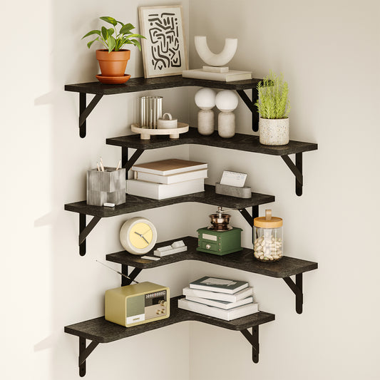 Tomnk Corner Floating Shelves, Set of 5 Rustic Wood Wall Shelves, Black