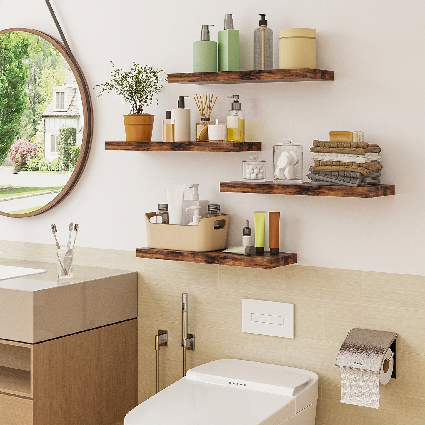 Tomnk 15.8" Floating Wall Shelves, Rustic Brown Wood Wall Shelf Set of 4, Invisible Brackets for Bathroom, Bedroom, Living Room, Kitchen