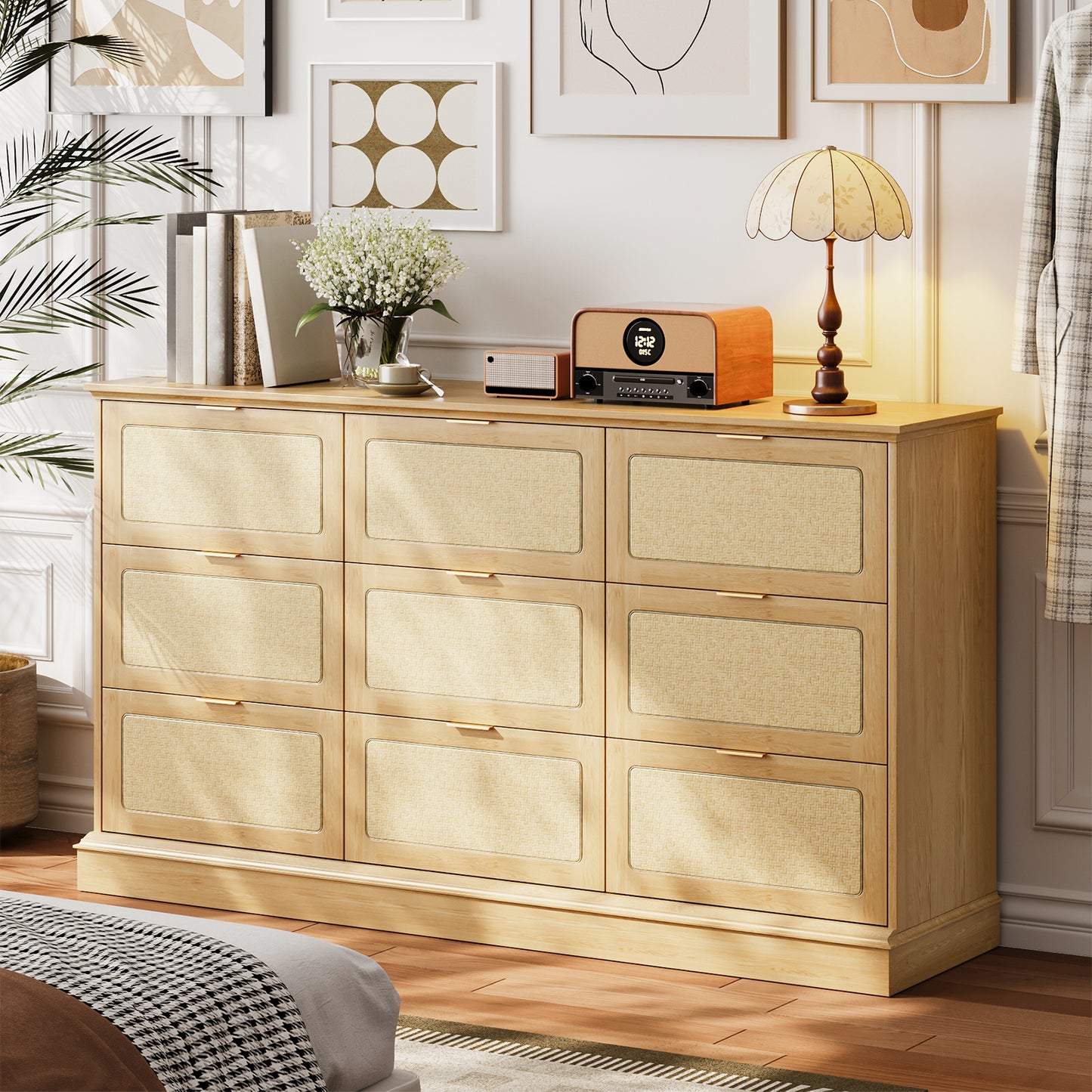 Tomnk 9 Drawers Rattan Dresser, 60in Boho Wooden Dresser for Bedroom, TV Stand for Bedroom, Living Room, Entryway, Nature Wood Color