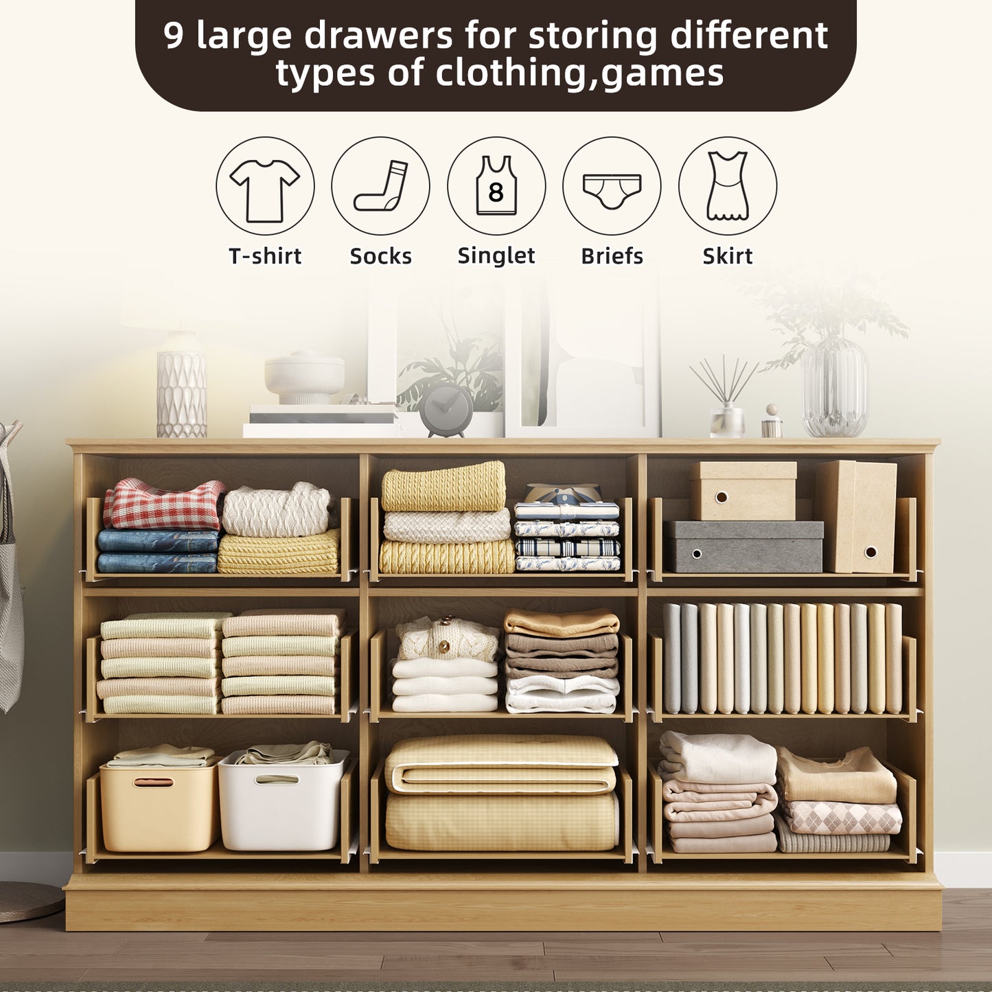 Tomnk 9 Drawers Rattan Dresser, 60in Boho Wooden Dresser for Bedroom, TV Stand for Bedroom, Living Room, Entryway, Nature Wood Color