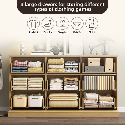 Tomnk 9 Drawers Rattan Dresser, 60in Boho Wooden Dresser for Bedroom, TV Stand for Bedroom, Living Room, Entryway, Nature Wood Color