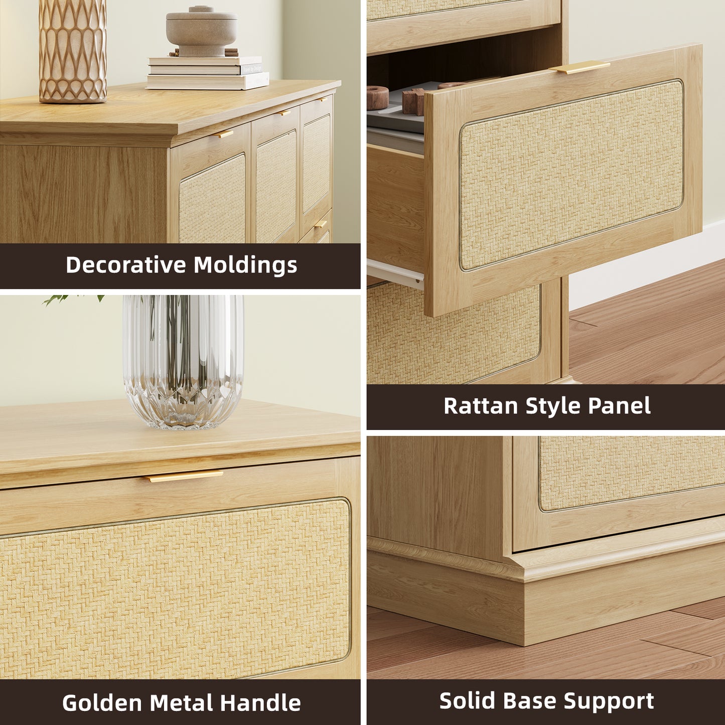 Tomnk 9 Drawers Rattan Dresser, 60in Boho Wooden Dresser for Bedroom, TV Stand for Bedroom, Living Room, Entryway, Nature Wood Color