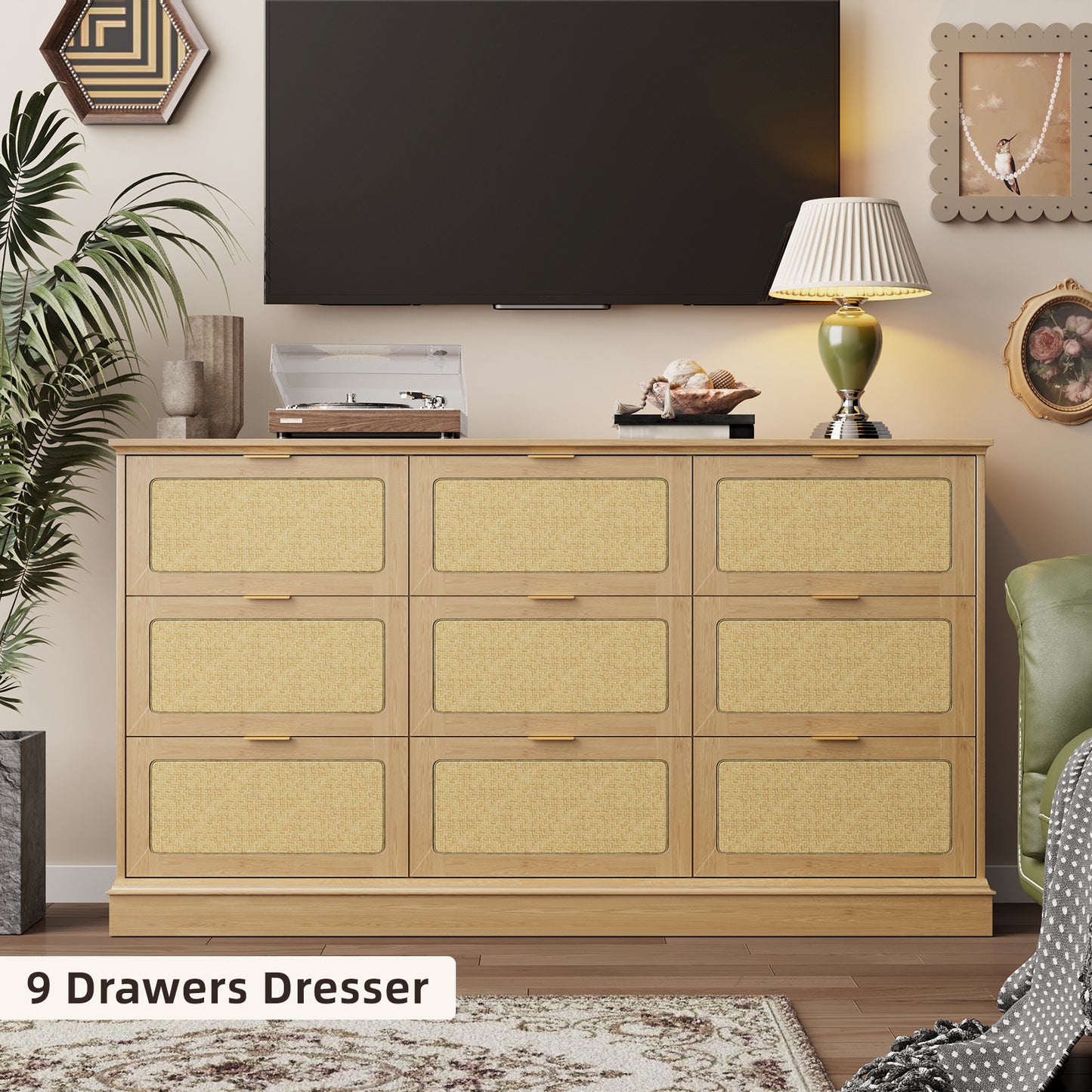 Tomnk 9 Drawers Rattan Dresser, 60in Boho Wooden Dresser for Bedroom, TV Stand for Bedroom, Living Room, Entryway, Nature Wood Color