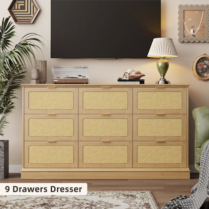 Tomnk 9 Drawers Rattan Dresser, 60in Boho Wooden Dresser for Bedroom, TV Stand for Bedroom, Living Room, Entryway, Nature Wood Color