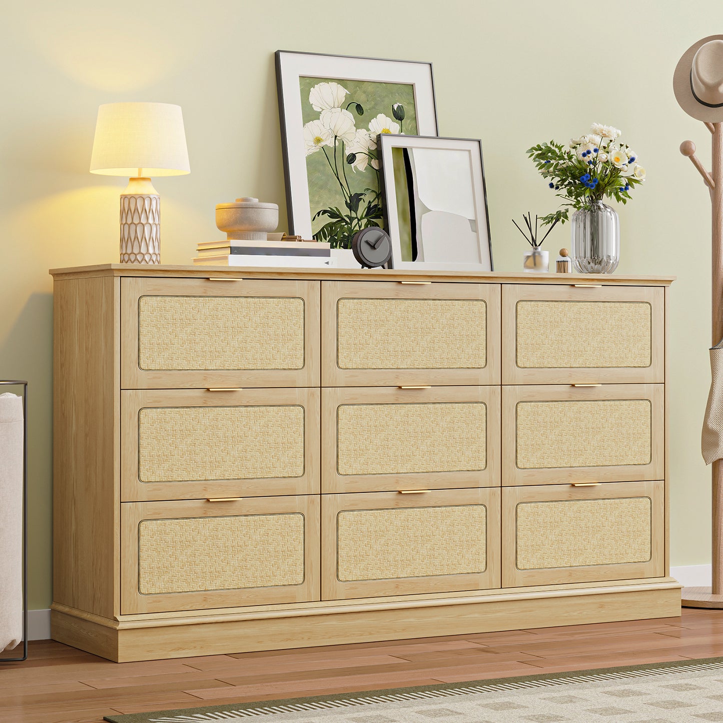 Tomnk 9 Drawers Rattan Dresser, 60in Boho Wooden Dresser for Bedroom, TV Stand for Bedroom, Living Room, Entryway, Nature Wood Color