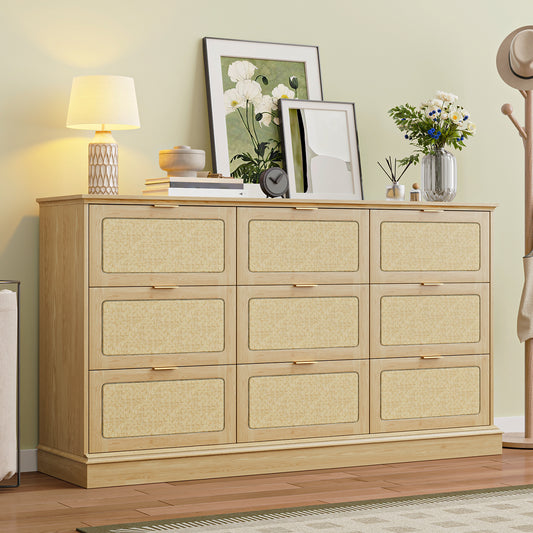 Tomnk 9 Drawers Rattan Dresser, 60in Boho Wooden Dresser for Bedroom, TV Stand for Bedroom, Living Room, Entryway, Nature Wood Color