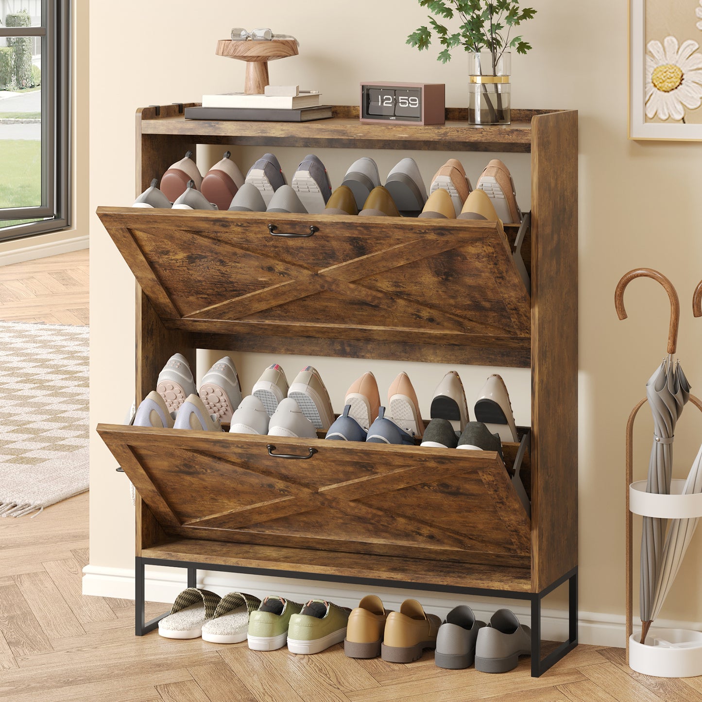 Tomnk Shoe Cabinet with 2 Flip Drawers Farmhouse Shoe Storage Cabinet Organizer for Entryway, Narrow Shoe Rack Cabinet, Rustic Brown