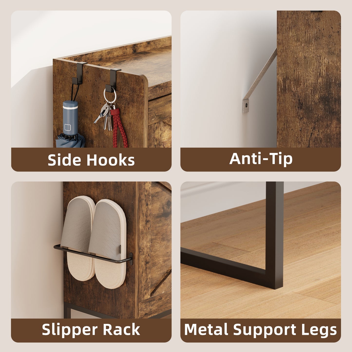 Tomnk Shoe Cabinet with 2 Flip Drawers Farmhouse Shoe Storage Cabinet Organizer for Entryway, Narrow Shoe Rack Cabinet, Rustic Brown