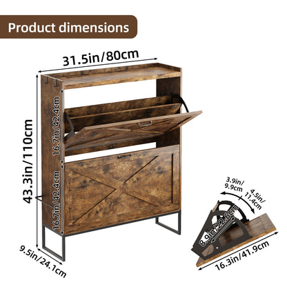 Tomnk Shoe Cabinet with 2 Flip Drawers Farmhouse Shoe Storage Cabinet Organizer for Entryway, Narrow Shoe Rack Cabinet, Rustic Brown