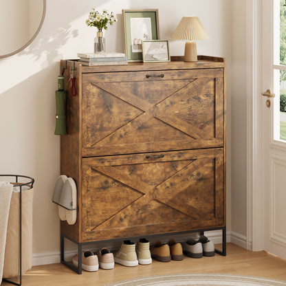 Tomnk Shoe Cabinet with 2 Flip Drawers Farmhouse Shoe Storage Cabinet Organizer for Entryway, Narrow Shoe Rack Cabinet, Rustic Brown