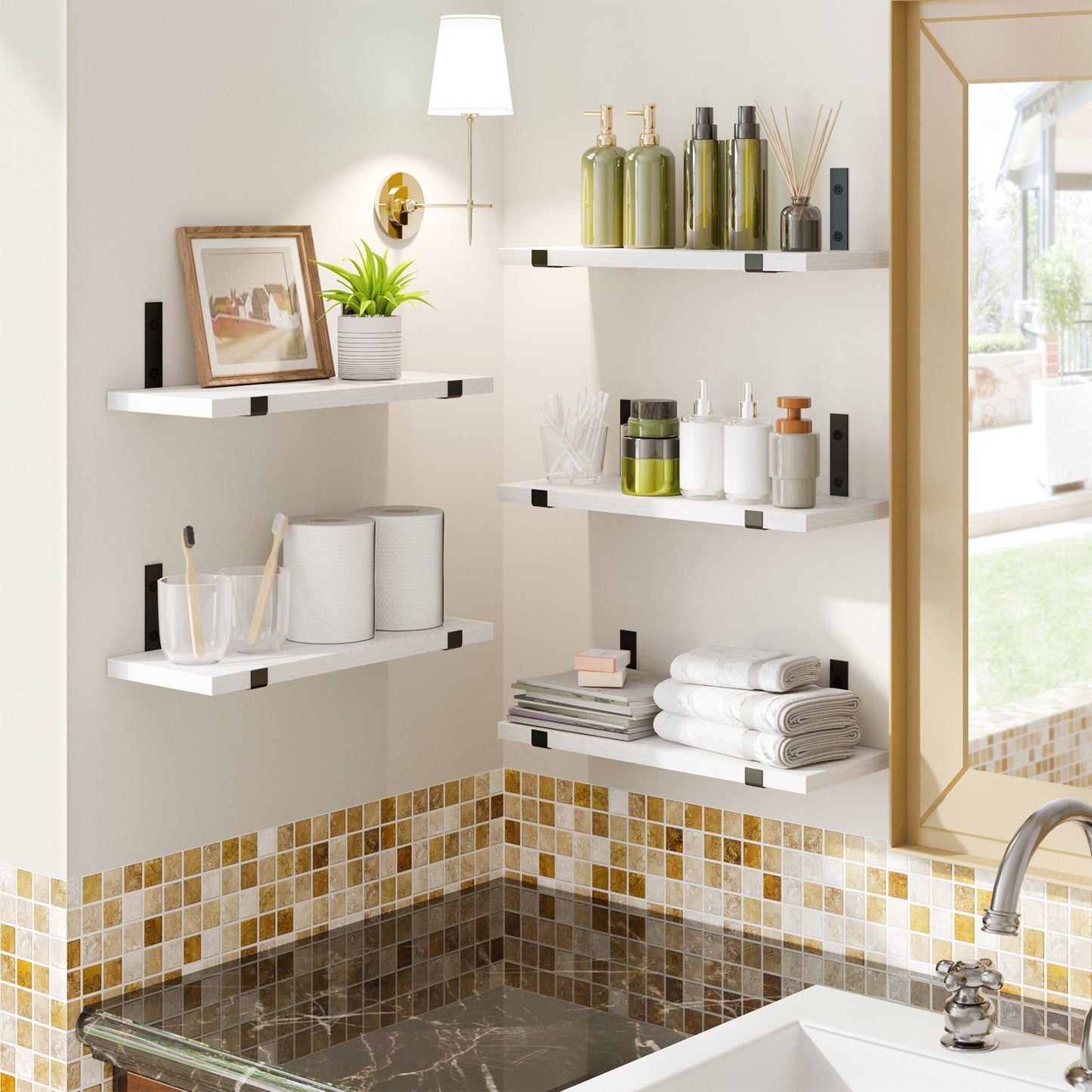 Tomnk 4.7 x 15.7 Inches White Floating Shelf Set of 5, Wall Mounted Shelves with Metal Brackets for Bedroom, Bathroom, Kitchen