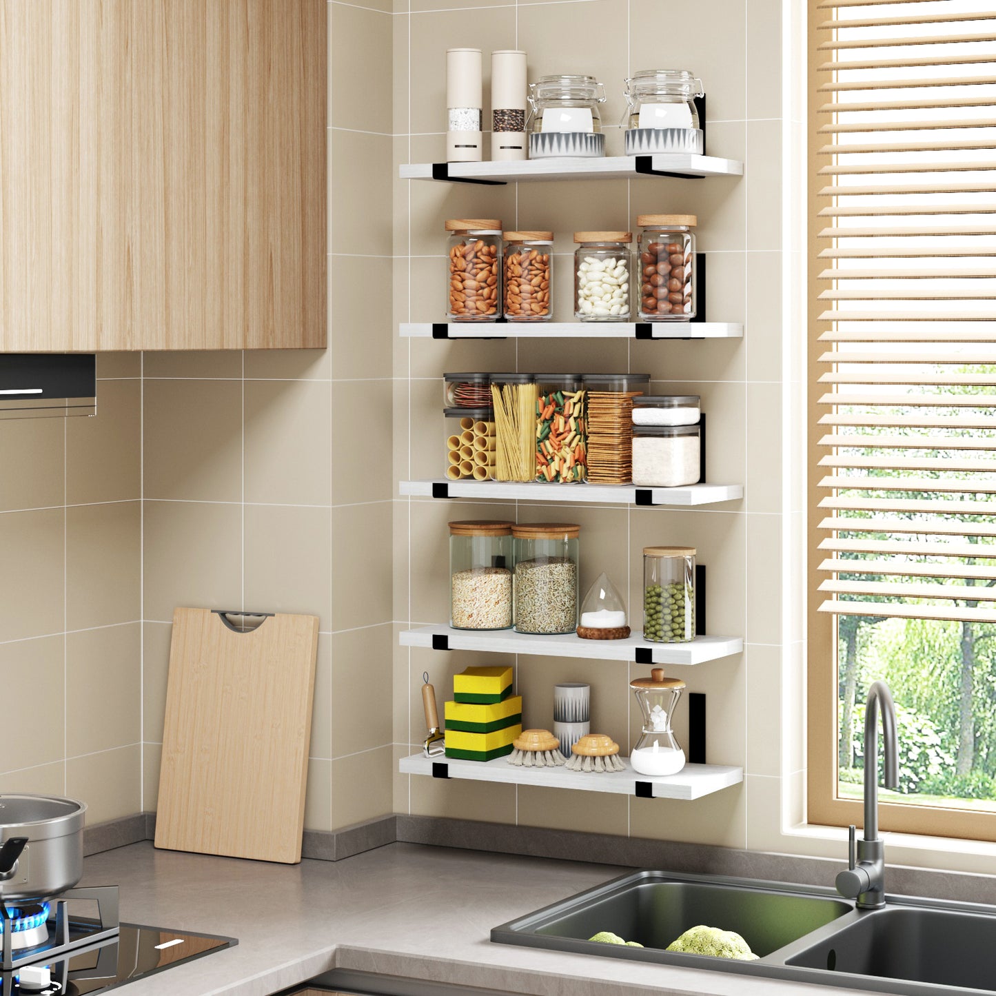 Tomnk 4.7 x 15.7 Inches White Floating Shelf Set of 5, Wall Mounted Shelves with Metal Brackets for Bedroom, Bathroom, Kitchen