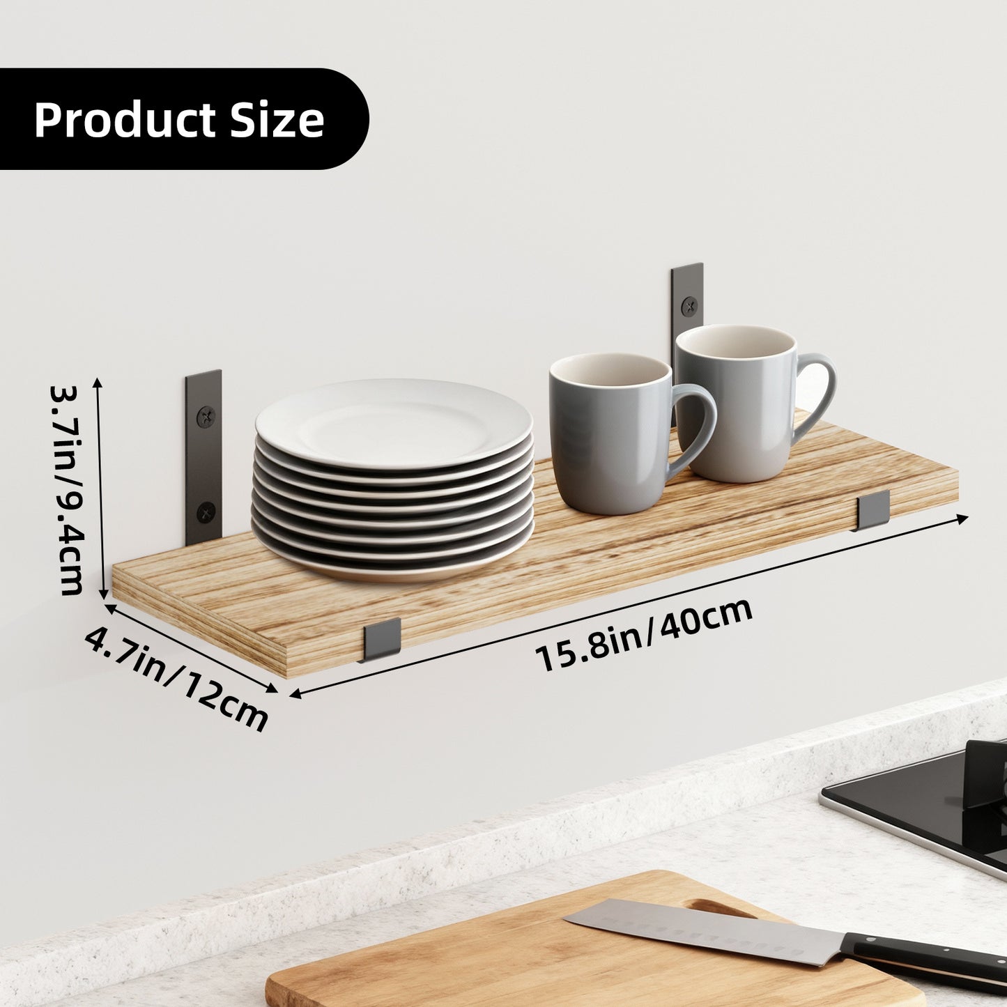 Tomnk 4.7 x 15.7 Inches Carbonized Black Floating Shelf Set of 5, Solid Wood Wall Shelves with Metal Brackets for Bedroom, Bathroom, Kitchen