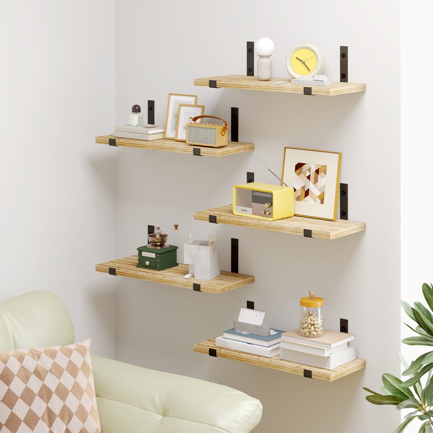 Tomnk 4.7 x 15.7 Inches Carbonized Black Floating Shelf Set of 5, Solid Wood Wall Shelves with Metal Brackets for Bedroom, Bathroom, Kitchen