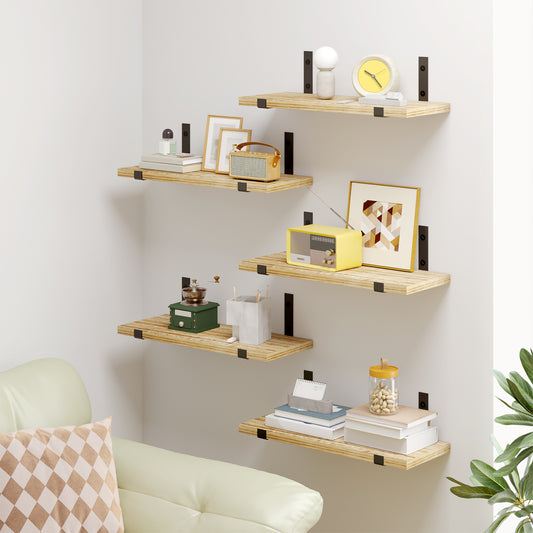 Tomnk 4.7 x 15.7 Inches Carbonized Black Floating Shelf Set of 5, Solid Wood Wall Shelves with Metal Brackets for Bedroom, Bathroom, Kitchen