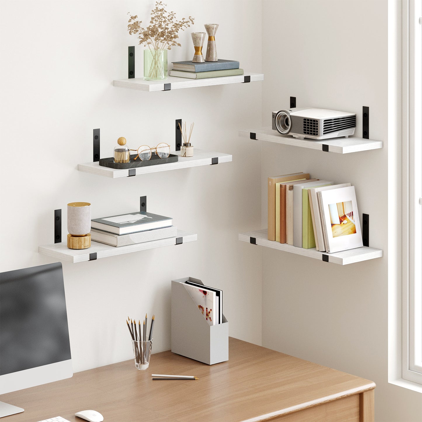 Tomnk 4.7 x 15.7 Inches White Floating Shelf Set of 5, Wall Mounted Shelves with Metal Brackets for Bedroom, Bathroom, Kitchen