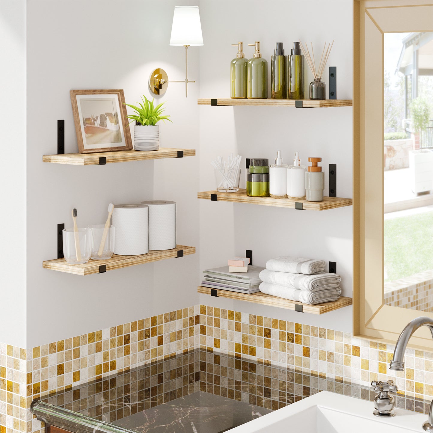 Tomnk 4.7 x 15.7 Inches Carbonized Black Floating Shelf Set of 5, Solid Wood Wall Shelves with Metal Brackets for Bedroom, Bathroom, Kitchen