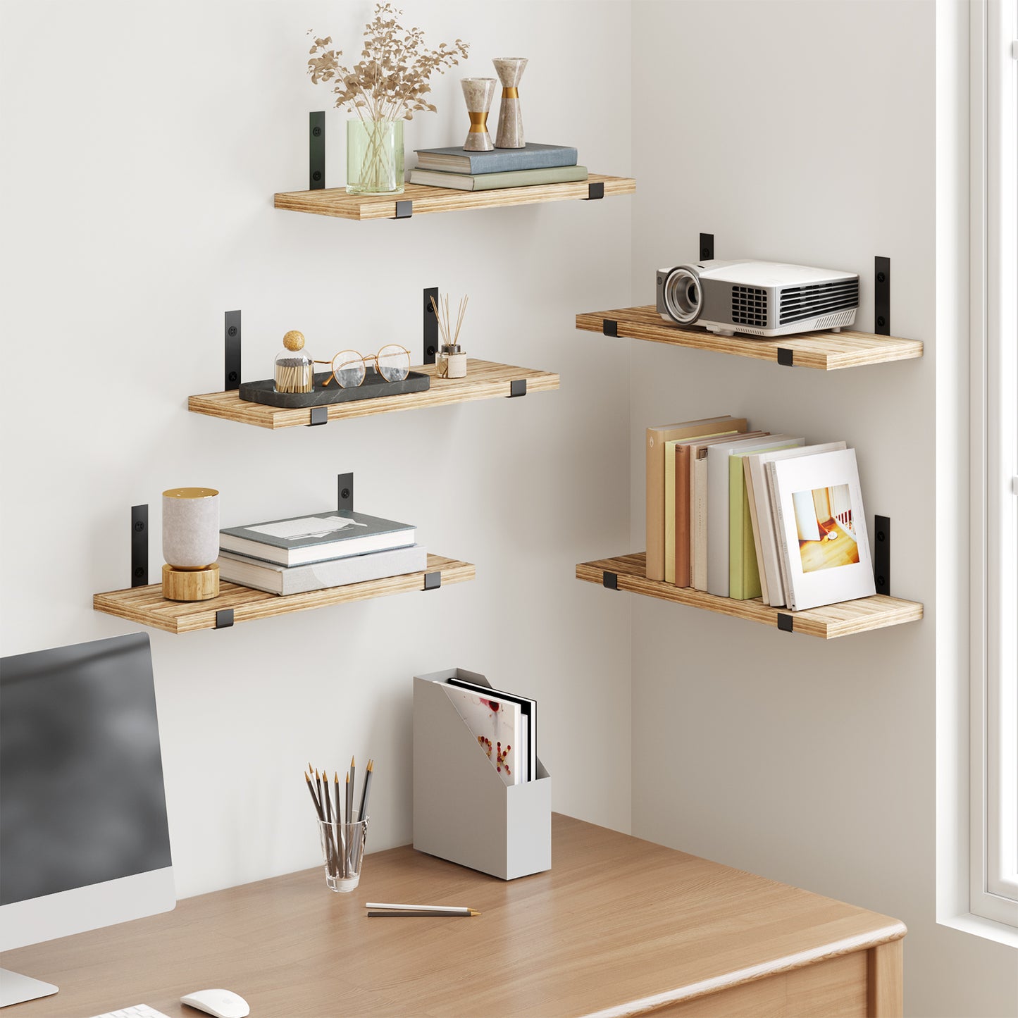 Tomnk 4.7 x 15.7 Inches Carbonized Black Floating Shelf Set of 5, Solid Wood Wall Shelves with Metal Brackets for Bedroom, Bathroom, Kitchen