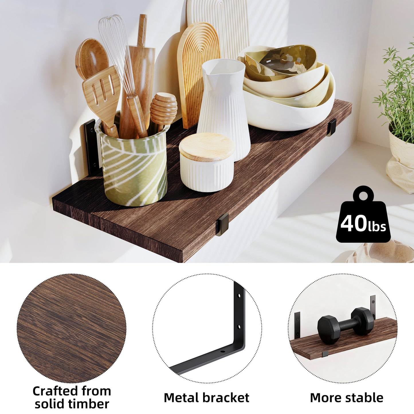 Tomnk 4.7 x 15.7 Inches Dark Carbonized Black Floating Shelf Set of 5, Wall Mounted Shelves with Metal Brackets for Living Room, Bathroom, Kitchen