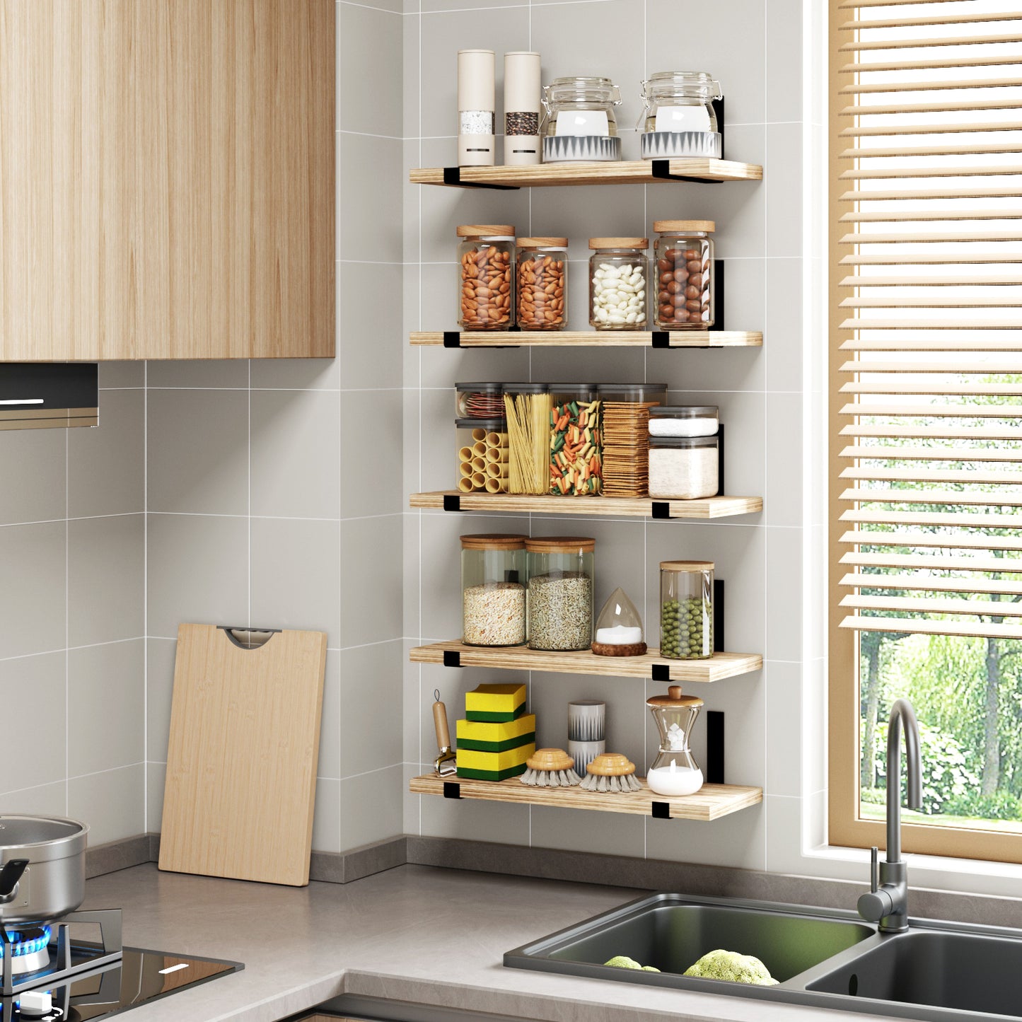 Tomnk 4.7 x 15.7 Inches Carbonized Black Floating Shelf Set of 5, Solid Wood Wall Shelves with Metal Brackets for Bedroom, Bathroom, Kitchen