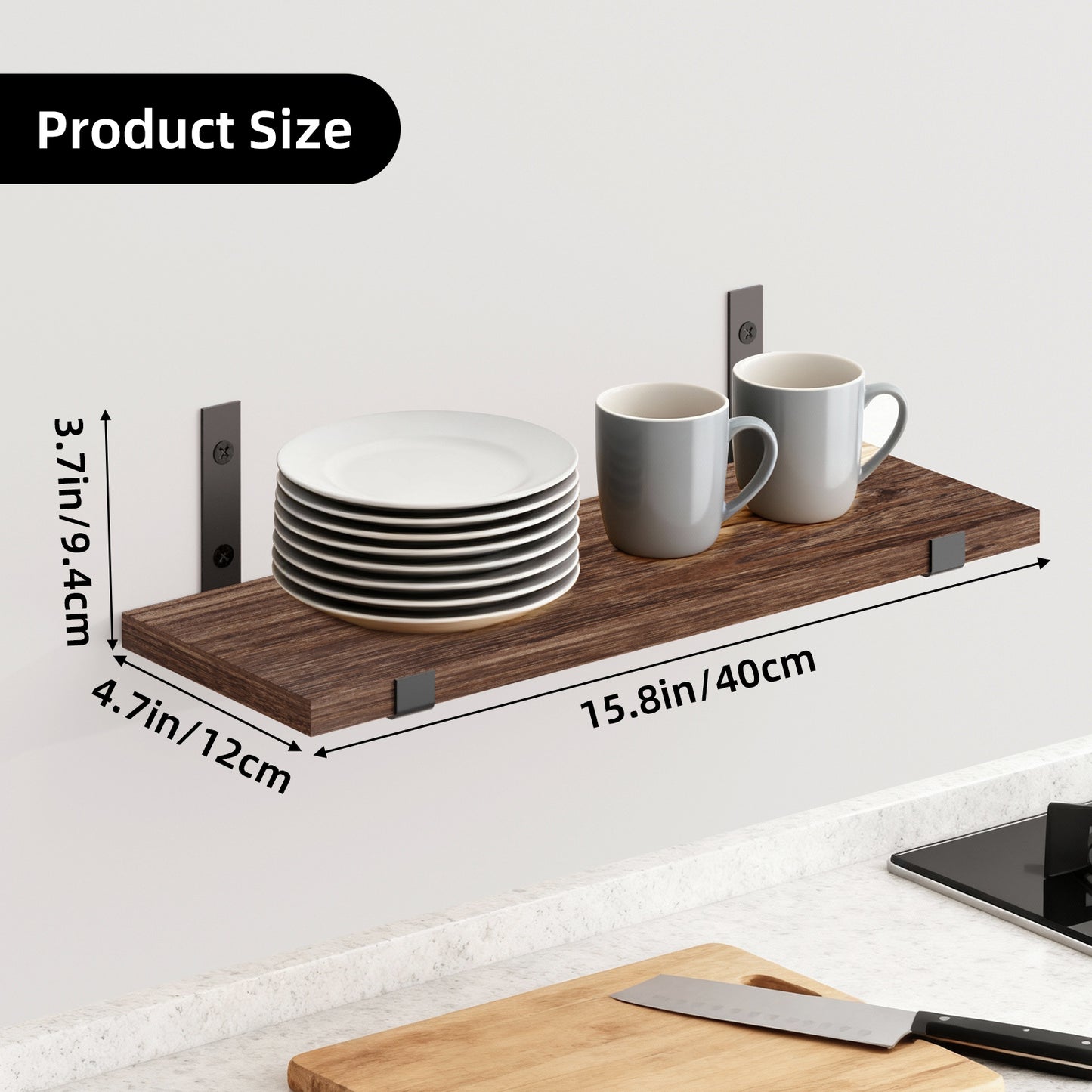Tomnk 4.7 x 15.7 Inches Dark Carbonized Black Floating Shelf Set of 5, Wall Mounted Shelves with Metal Brackets for Living Room, Bathroom, Kitchen