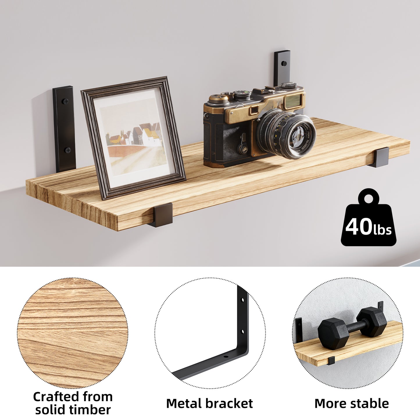 Tomnk 4.7 x 15.7 Inches Carbonized Black Floating Shelf Set of 5, Solid Wood Wall Shelves with Metal Brackets for Bedroom, Bathroom, Kitchen