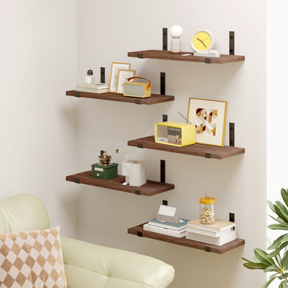 Tomnk 4.7 x 15.7 Inches Dark Carbonized Black Floating Shelf Set of 5, Wall Mounted Shelves with Metal Brackets for Living Room, Bathroom, Kitchen