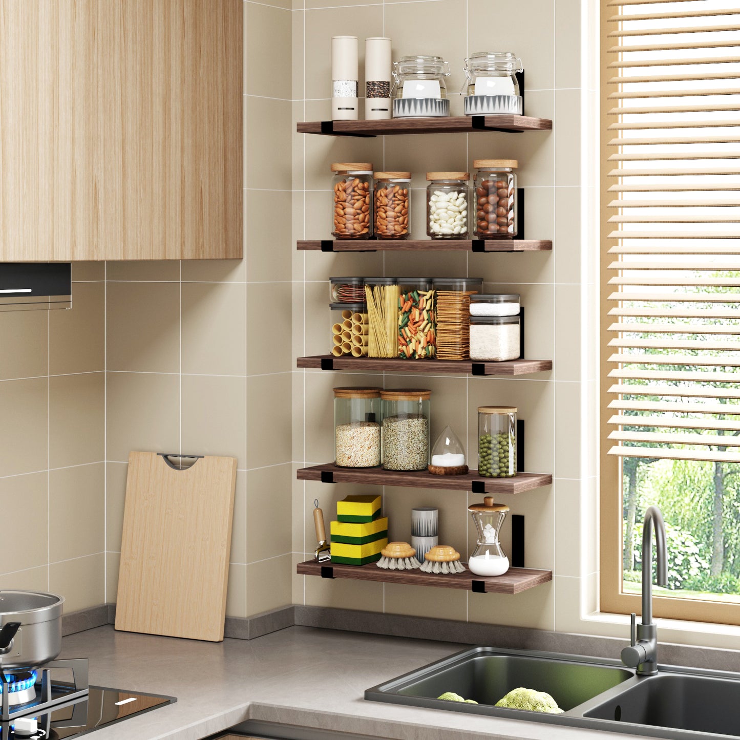 Tomnk 4.7 x 15.7 Inches Dark Carbonized Black Floating Shelf Set of 5, Wall Mounted Shelves with Metal Brackets for Living Room, Bathroom, Kitchen