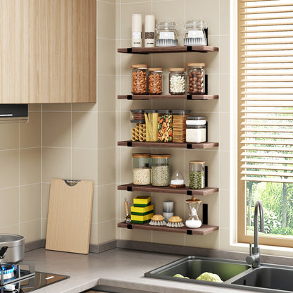 Tomnk 4.7 x 15.7 Inches Dark Carbonized Black Floating Shelf Set of 5, Wall Mounted Shelves with Metal Brackets for Living Room, Bathroom, Kitchen