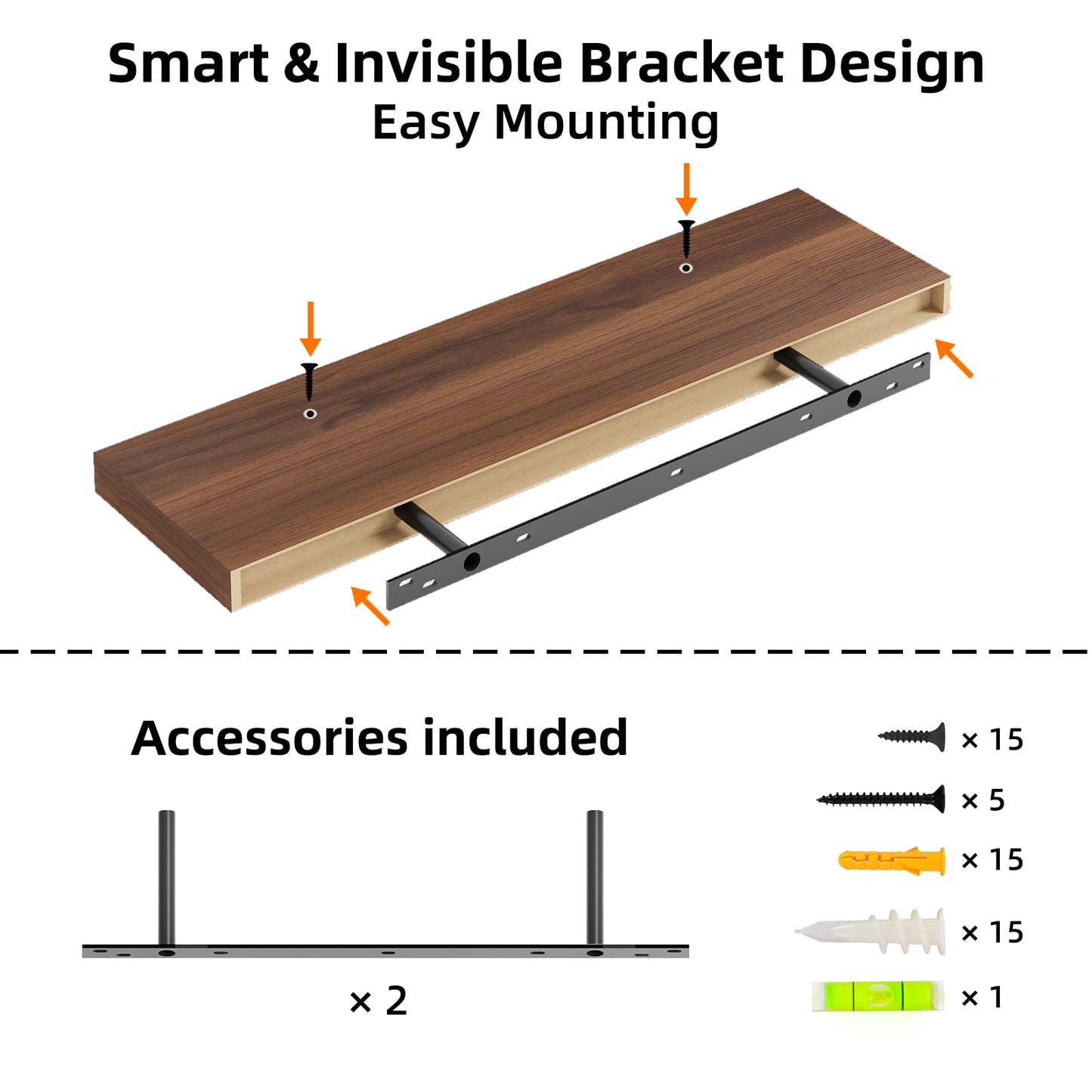 Tomnk 2pcs Floating Shelves for Wall, 22.5in Bathroom Kitchen Shelves for Rustic & Modern Home, Walnut