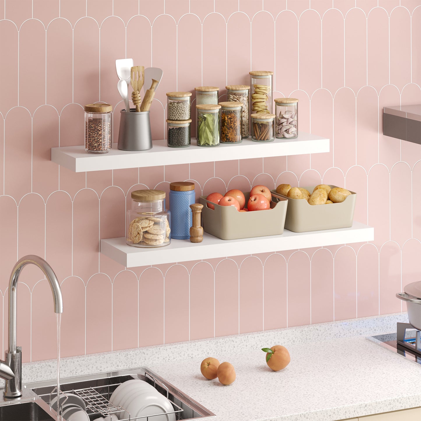 Tomnk 2pcs Floating Shelves for Wall, 22.5in Bathroom Kitchen Wall Shelves for Modern Farmhouse Decor, White