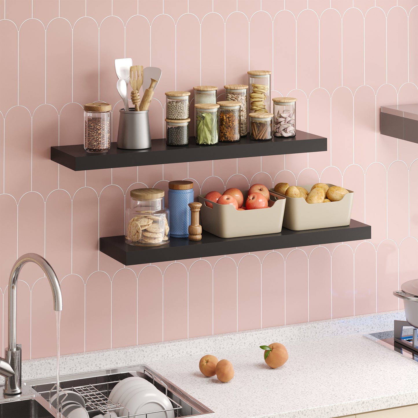 Tomnk 2pcs Floating Shelves for Wall, 22.5in Bathroom Kitchen Shelves for Farmhouse & Modern Decor, Black