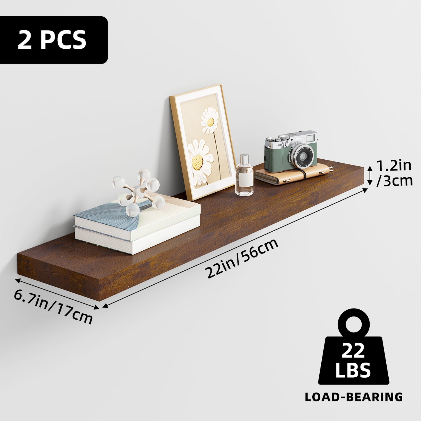 Tomnk 2pcs Rustic Floating Shelves for Wall, 22.5in Bathroom Kitchen Wood Shelves for Farmhouse Wall Decor, Rustic Brown