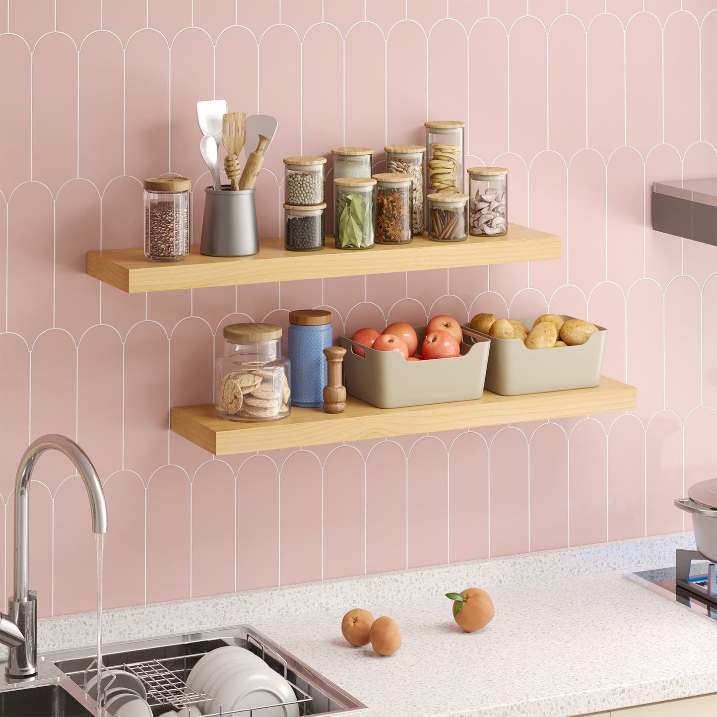 Tomnk 2pcs Floating Shelves for Wall, 22.5in Bathroom Kitchen Wall Mounted Shelves, White Oak