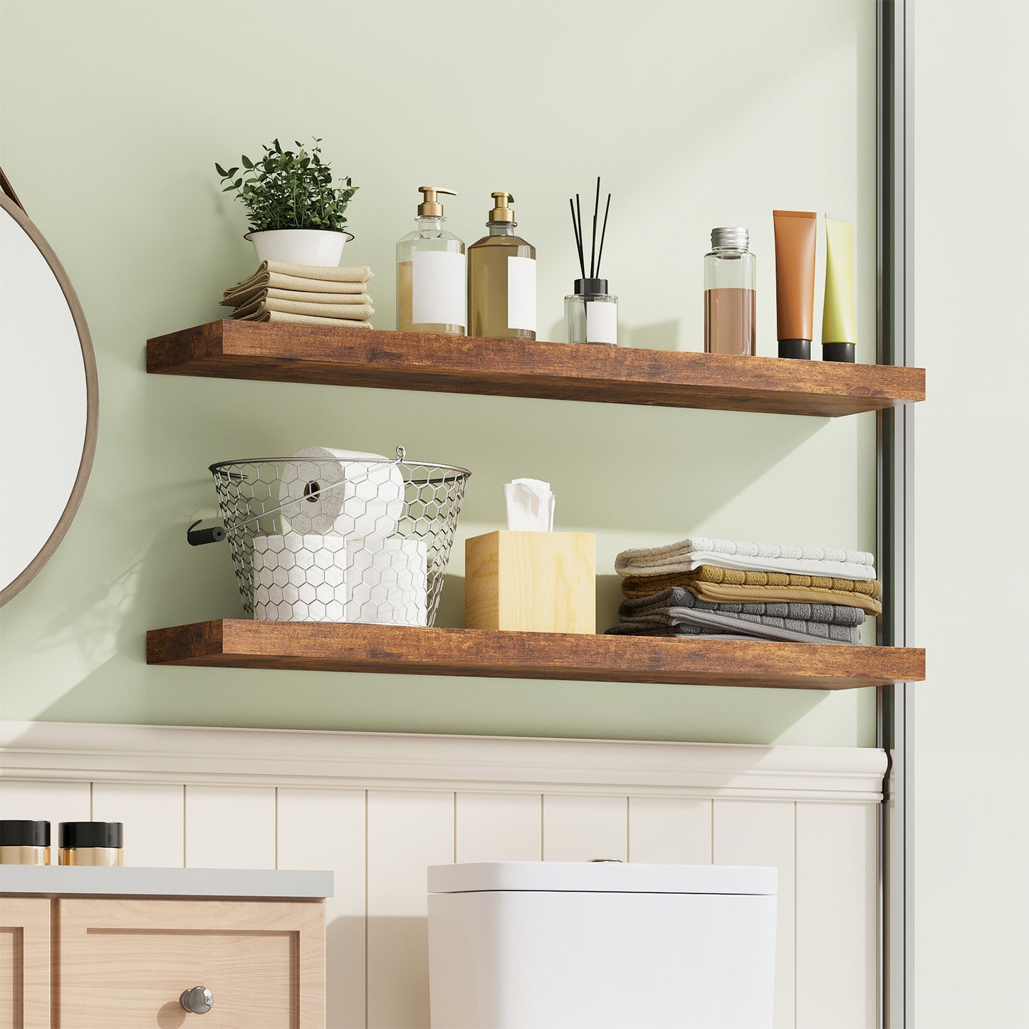 Tomnk 2pcs Rustic Floating Shelves for Wall, 22.5in Bathroom Kitchen Wood Shelves for Farmhouse Wall Decor, Rustic Brown