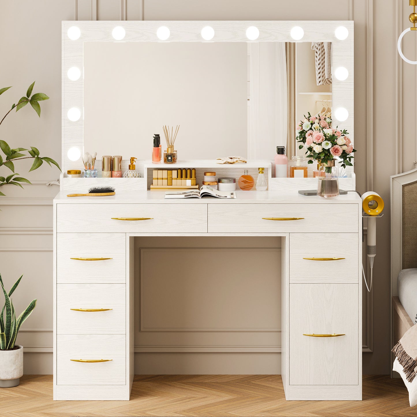 Tomnk White Makeup Vanity Desk with Large Mirror, Adjustable Lights, Storage Drawers & Power Outlets
